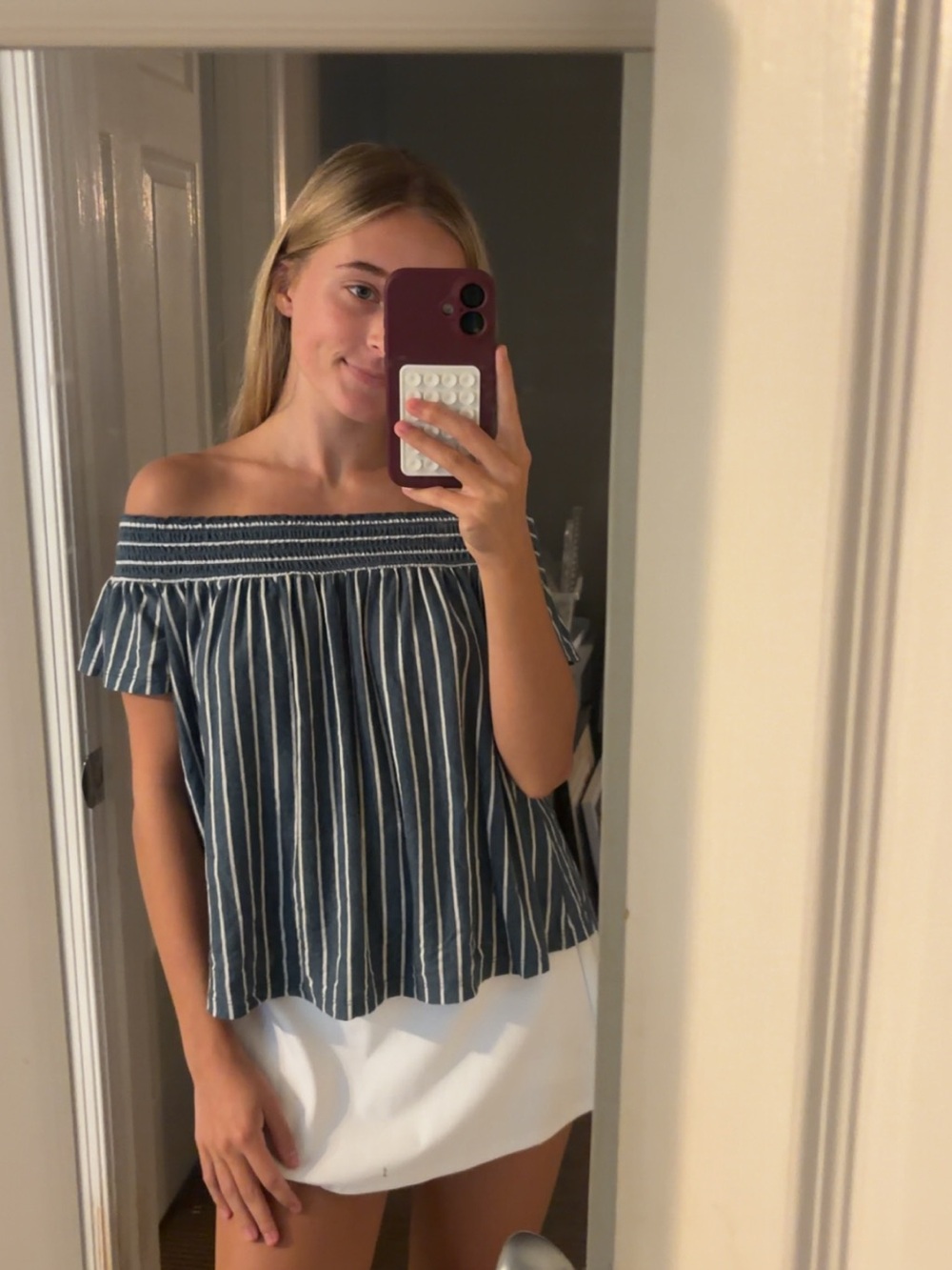 American Eagle Outfitters Navy and White Off-Shoulder Striped Top